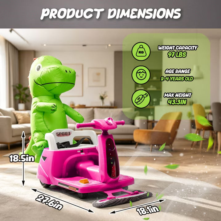 12V Power Ride On Toy with Remote Control, 360° Spin Scooter Ride On Cars for Kid with Bluetooth Music, Indoor Floor Mop & Inflatable Dinosaur, Battery Powered Ride On Cars for Toddlers Age 2-4, Pink