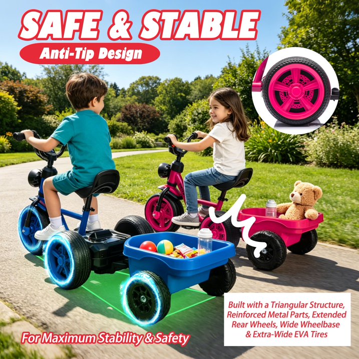 Toddler Tricycle with Wagon, Pedal Powered Ride On Tractor Toy with Light for Boys and Girls