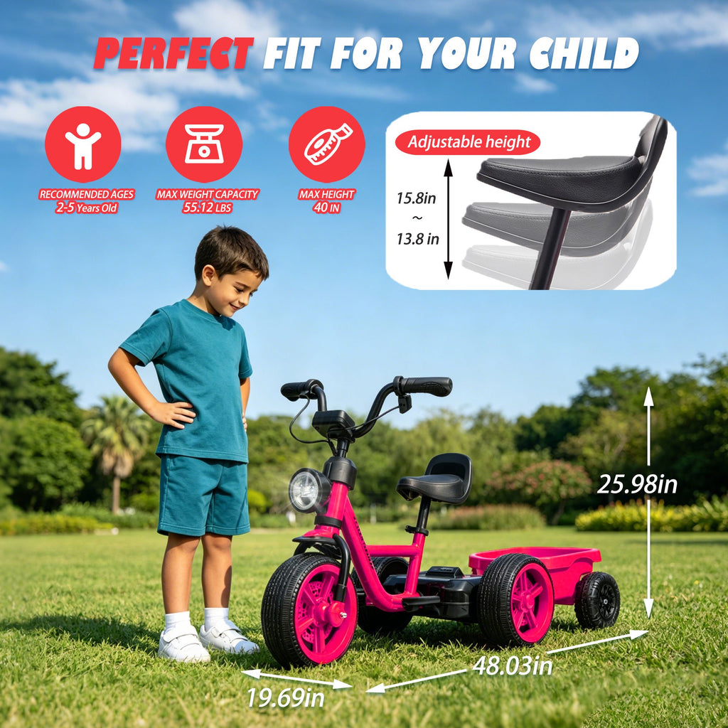 Toddler Tricycle with Wagon, Pedal Powered Ride On Tractor Toy with Light for Boys and Girls