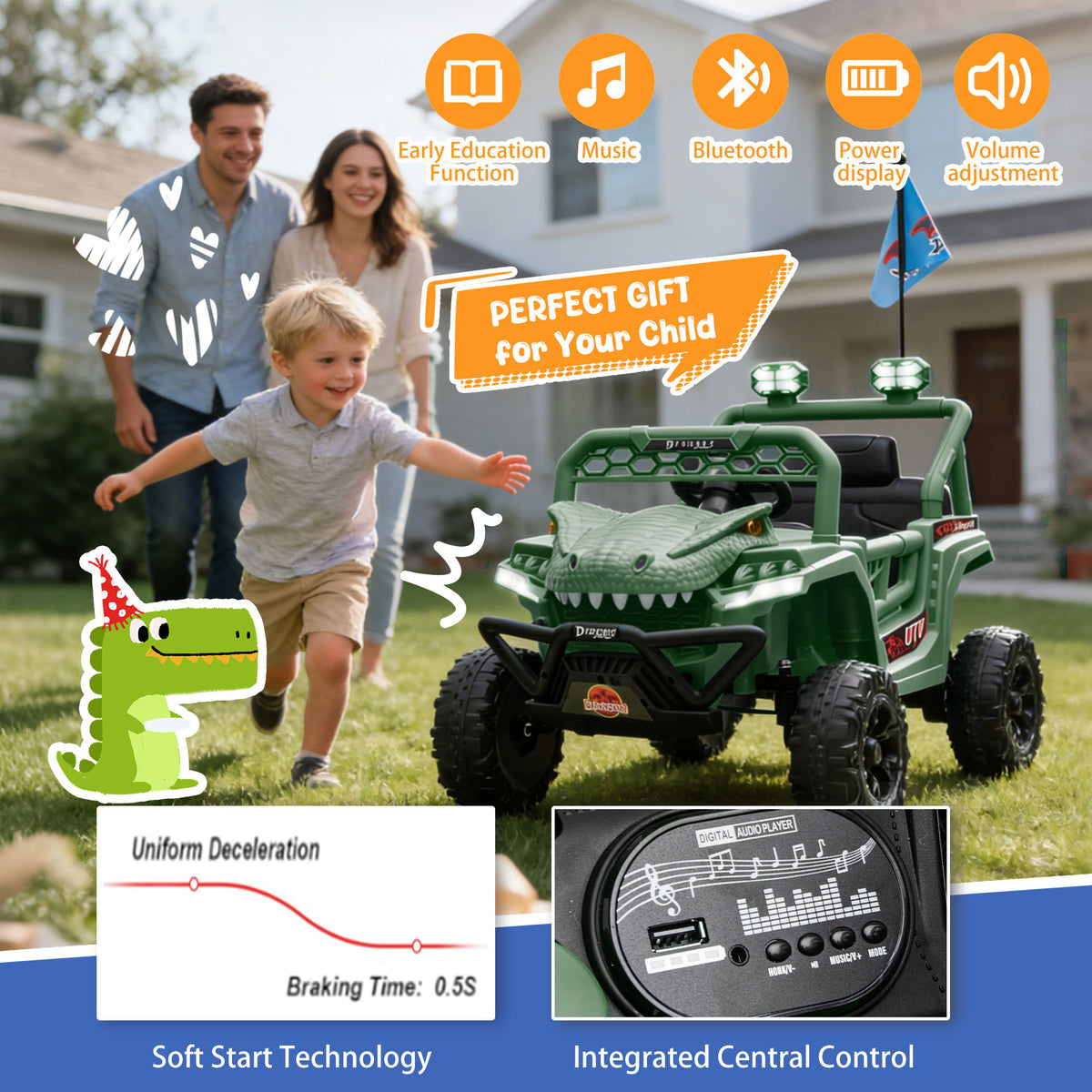 12V Powered Ride on Cars for Kids, Dinosaur Electric Ride on Toys with Remote Control, 4 Wheels Suspension Toy Car with Bluetooth, Music, LED Light, Kids Electric Cars for Boys Girls Around 3, Green