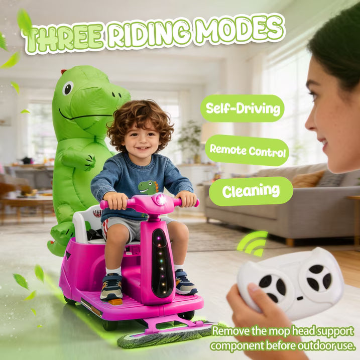 12V Power Ride On Toy with Remote Control, 360° Spin Scooter Ride On Cars for Kid with Bluetooth Music, Indoor Floor Mop & Inflatable Dinosaur, Battery Powered Ride On Cars for Toddlers Age 2-4, Pink