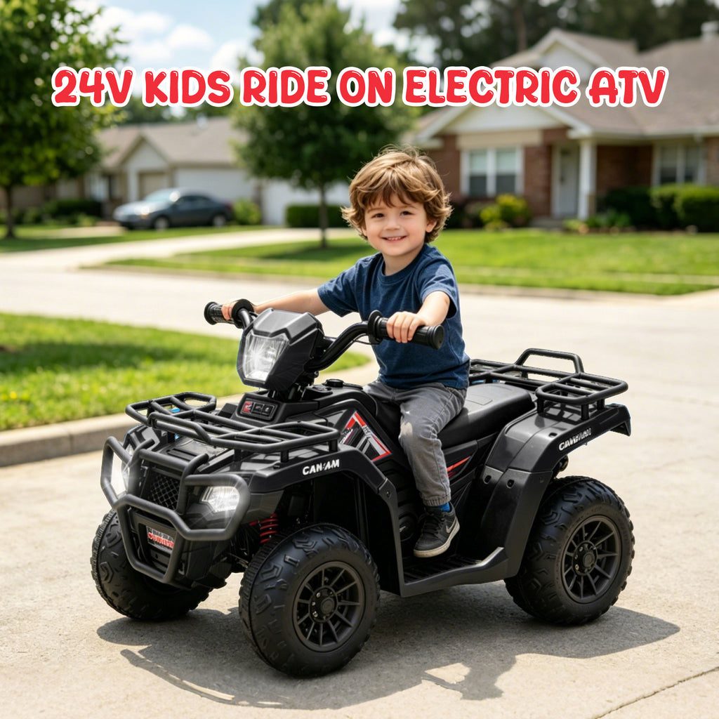 24V Kids Ride On ATV Toy, Electric 4 Wheeler Ride on Car for Toddlers Ages 2-4, Dual 55W Motors, 3.11 MPH Max Speed, Bluetooth Music, LED Lights, Spring Suspension, Storage Racks, Black