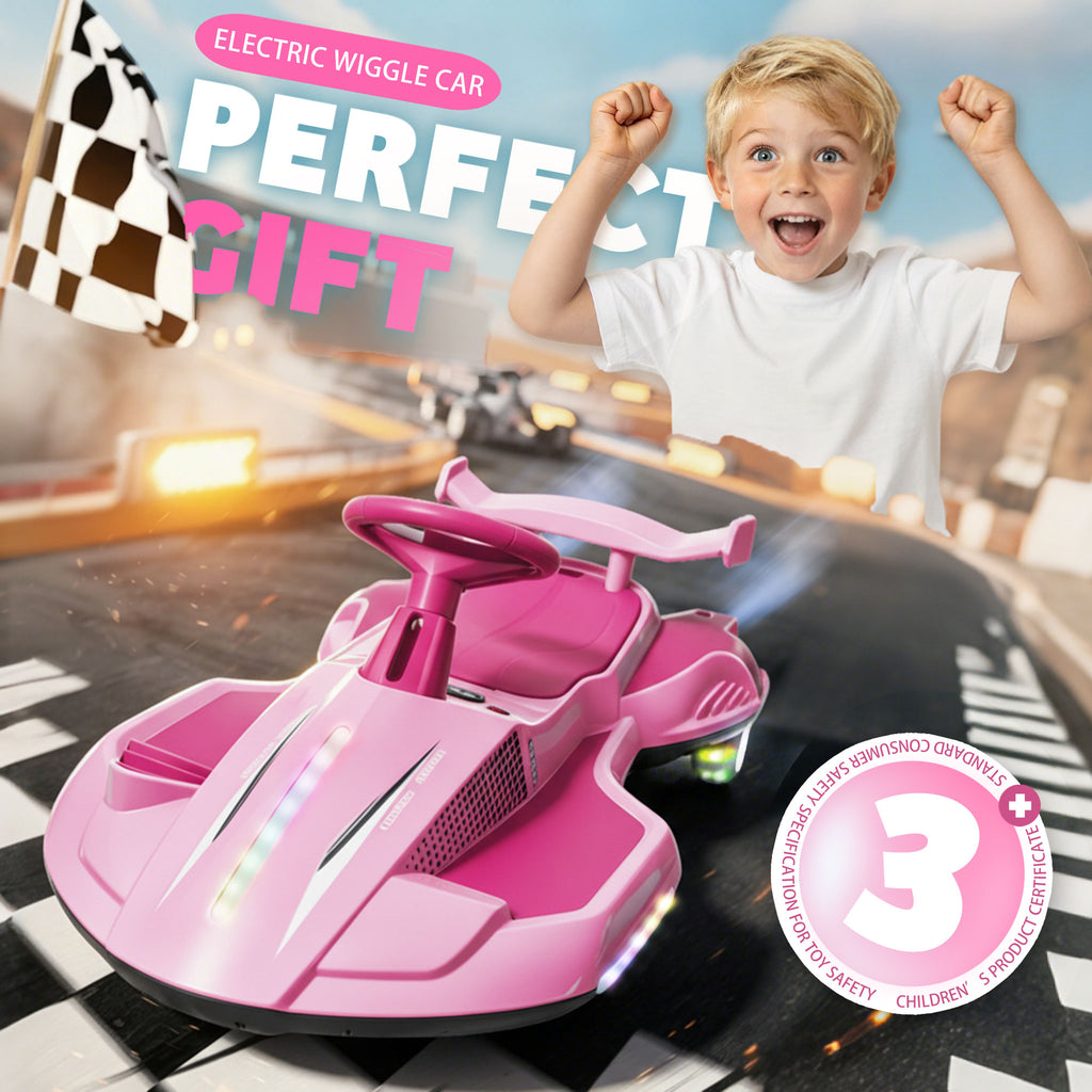 12V Kids Ride On Electric Wiggle Car, 360° Drift Ride On Toy with Rear Mist Spray, LED Lights, Flashing Wheels, Bluetooth Music, USB, MP3, Power Display, Anti-Tip Chassis, 3.73-4.35 MPH, Ages 3+