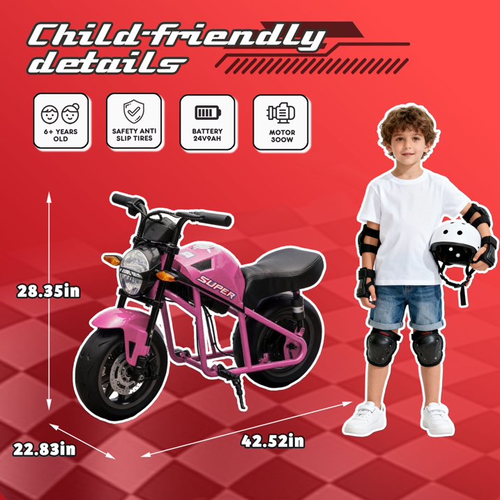 24V 300W Kids Ride On Toy for Big Kids 6+, Electric Powered Ride On with 14” EVA Wheels, Dual Suspension, Twist Throttle, Lights & Music, Top Speed 11.18 MPH