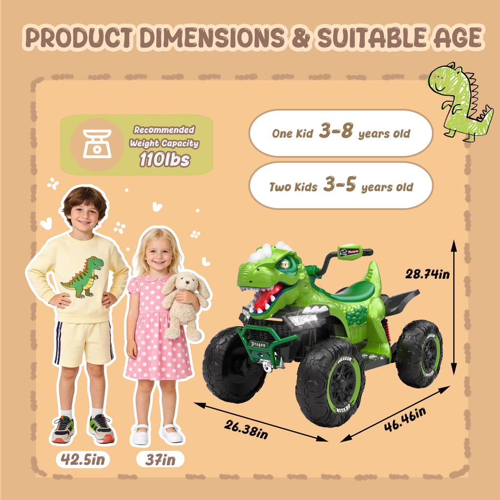 12V Dinosaur Kids Ride On Car, 2 Seater Power Ride On Toy for Kids with Remote Control, Bluetooth, USB, 4 Wheel Suspension, Dinosaur Electric Toy Car for Boys and Girls Ages 3-8, Green