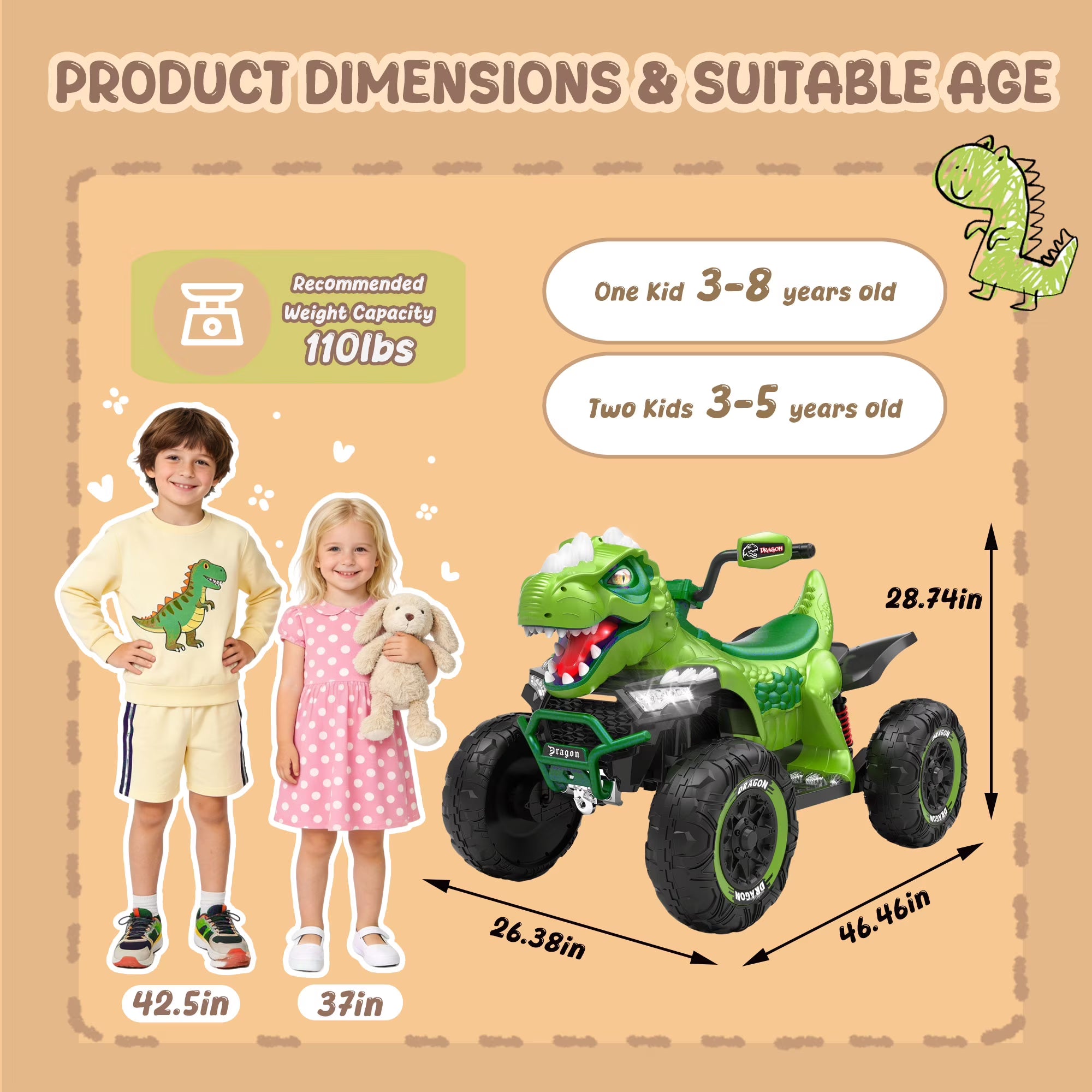 12V Dinosaur Kids Ride On Car, 2 Seater Power Ride On Toy for Kids with Remote Control, Bluetooth, USB, 4 Wheel Suspension, Dinosaur Electric Toy Car for Boys and Girls Ages 3-8, Green