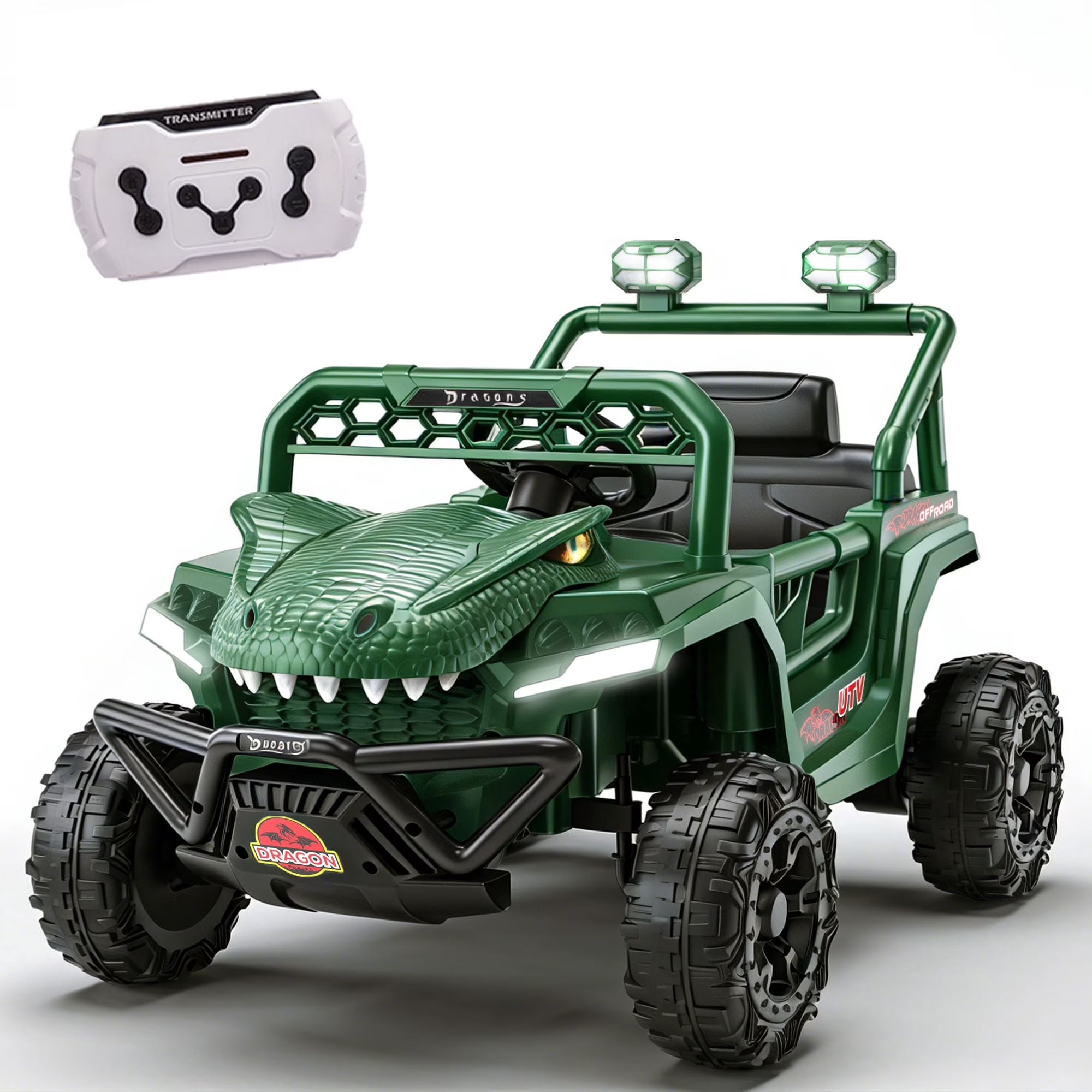 12V Powered Ride on Cars for Kids, Dinosaur Electric Ride on Toys with Remote Control, 4 Wheels Suspension Toy Car with Bluetooth, Music, LED Light, Kids Electric Cars for Boys Girls Around 3, Khaki