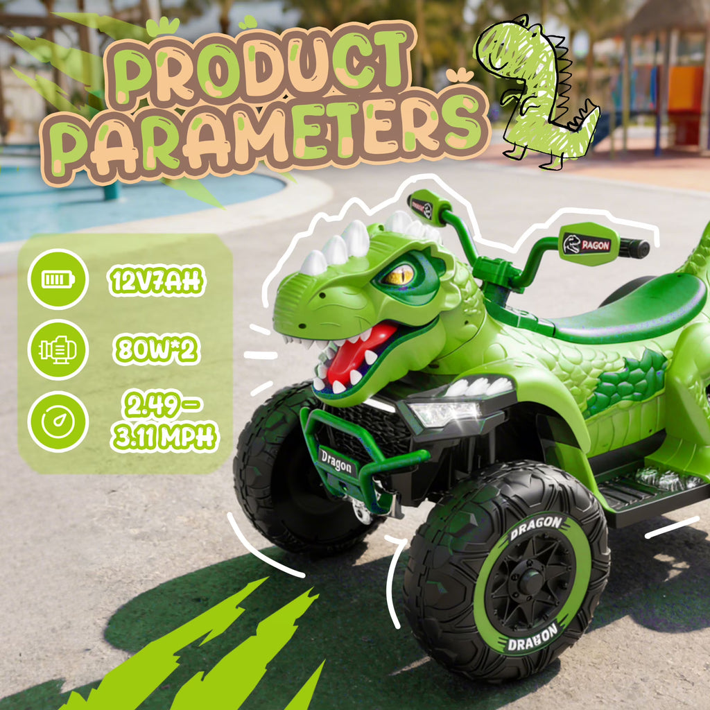 12V Dinosaur Kids Ride On Car, 2 Seater Power Ride On Toy for Kids with Remote Control, Bluetooth, USB, 4 Wheel Suspension, Dinosaur Electric Toy Car for Boys and Girls Ages 3-8, Green