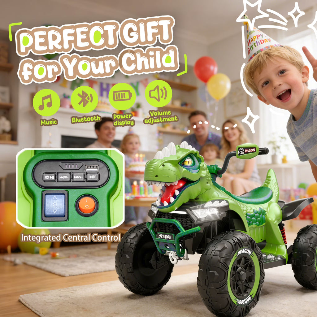 12V Dinosaur Kids Ride On Car, 2 Seater Power Ride On Toy for Kids with Remote Control, Bluetooth, USB, 4 Wheel Suspension, Dinosaur Electric Toy Car for Boys and Girls Ages 3-8, Green