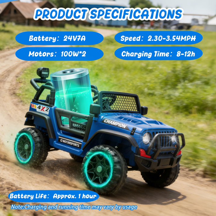 24V 2 Seater Ride on Toys for Kids, Powered Ride on Car with Remote Control, 4 Wheel Suspension, Bluetooth, Music, LED, Dual 200W Motors, Soft Start, Electric Car for Big Kids Girls Boys 3-8, Blue