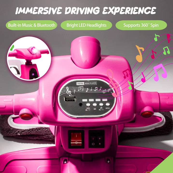 12V Power Ride On Toy with Remote Control, 360° Spin Scooter Ride On Cars for Kid with Bluetooth Music, Indoor Floor Mop & Inflatable Dinosaur, Battery Powered Ride On Cars for Toddlers Age 2-4, Pink