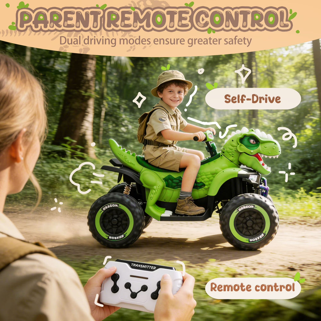 12V Dinosaur Kids Ride On Car, 2 Seater Power Ride On Toy for Kids with Remote Control, Bluetooth, USB, 4 Wheel Suspension, Dinosaur Electric Toy Car for Boys and Girls Ages 3-8, Green