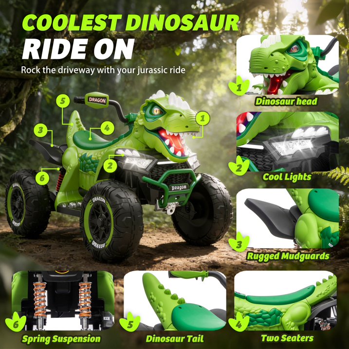 24V Dinosaur Kids Ride On Car, 2 Seater Power Ride On Toy for Kids with Remote Control, Bluetooth, USB, 4-Wheel Suspension, Dinosaur Electric Toy Car for Boys and Girls Ages 3-8