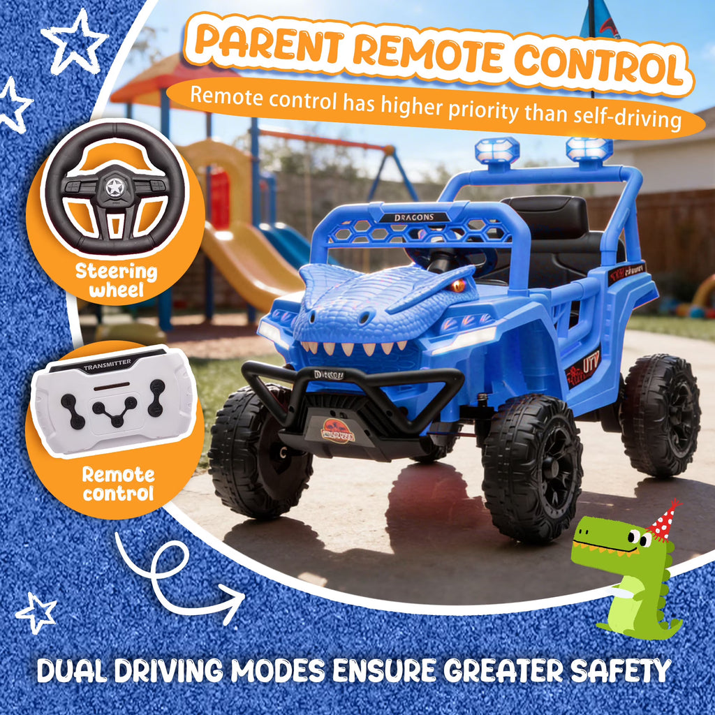 12V Powered Ride on Cars for Kids, Dinosaur Electric Ride on Toys with Remote Control, 4 Wheels Suspension Toy Car with Bluetooth, Music, LED Light, Kids Electric Cars for Boys Girls Around 3, Khaki