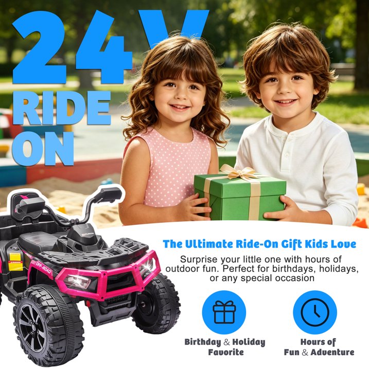 24V 6 Wheel Kids Ride On Cars with Bluetooth Music, Remote Control, Rear Cargo Bed, LED Lights, Dual Motors – Outdoor Electric Ride On Vehicle for Kids Ages 3-8, Pink