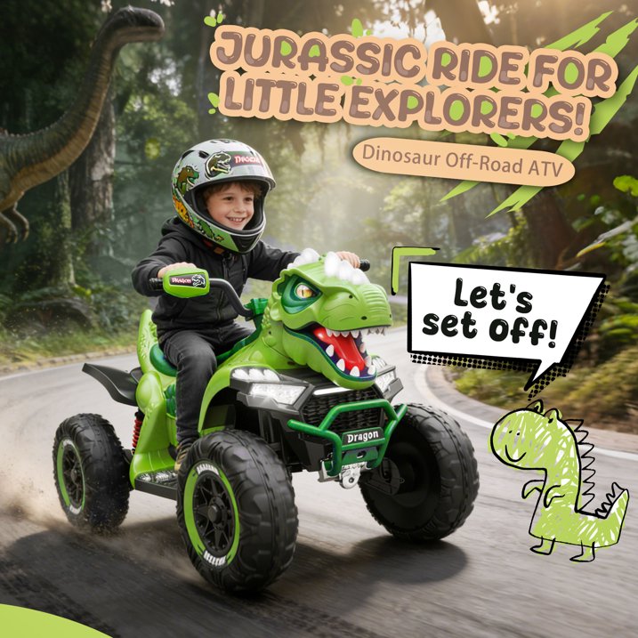 12V Dinosaur Kids Ride On Car, 2 Seater Power Ride On Toy for Kids with Remote Control, Bluetooth, USB, 4 Wheel Suspension, Dinosaur Electric Toy Car for Boys and Girls Ages 3-8, Green