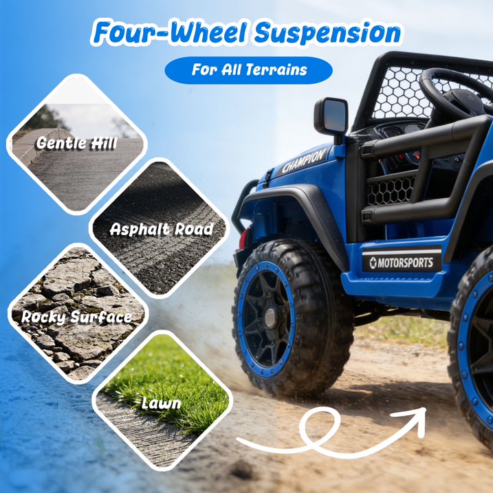 24V 2 Seater Ride on Toys for Kids, Powered Ride on Car with Remote Control, 4 Wheel Suspension, Bluetooth, Music, LED, Dual 200W Motors, Soft Start, Electric Car for Big Kids Girls Boys 3-8, Blue