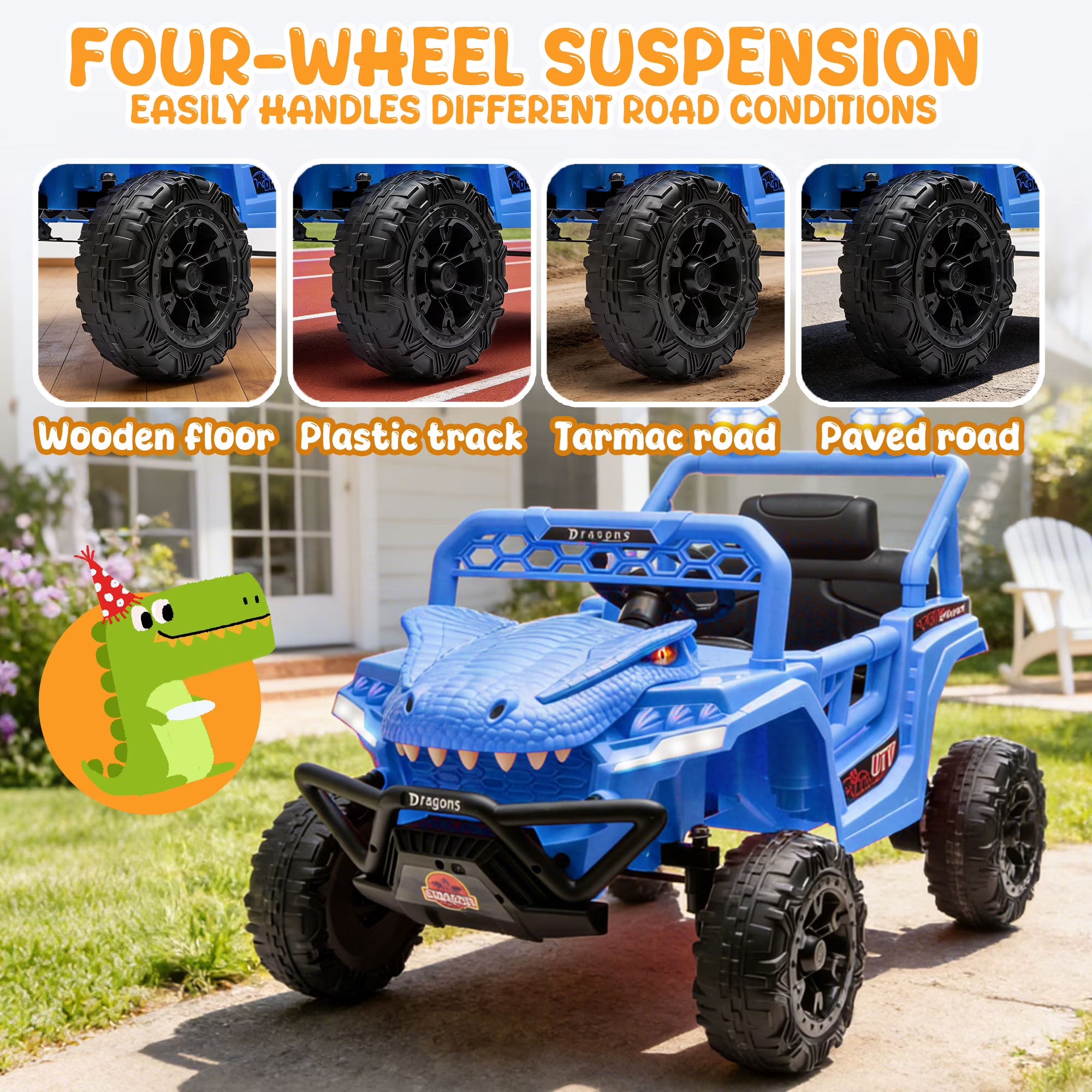 12V Powered Ride on Cars for Kids, Dinosaur Electric Ride on Toys with Remote Control, 4 Wheels Suspension Toy Car with Bluetooth, Music, LED Light, Kids Electric Cars for Boys Girls Around 3, Khaki