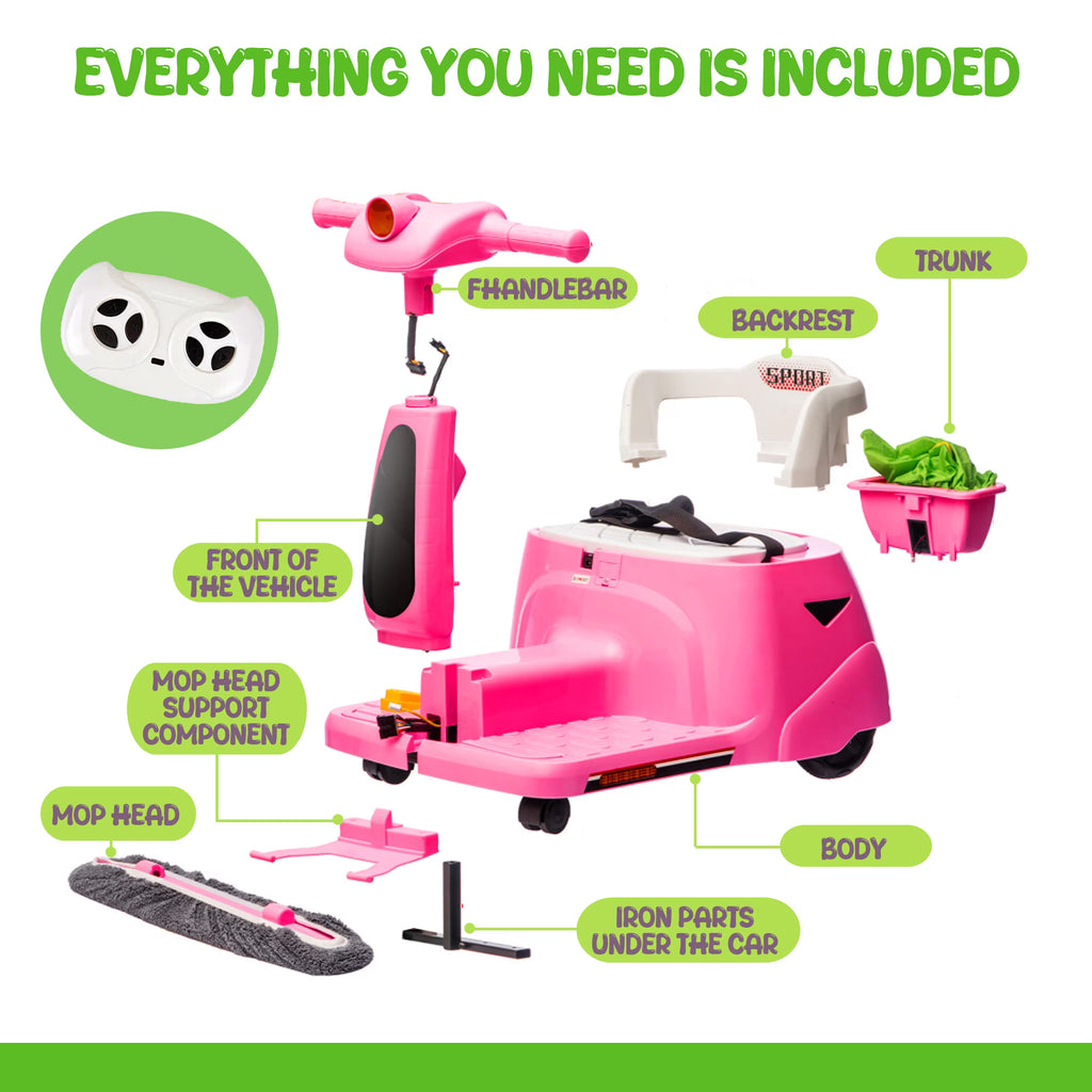 12V Power Ride On Toy with Remote Control, 360° Spin Scooter Ride On Cars for Kid with Bluetooth Music, Indoor Floor Mop & Inflatable Dinosaur, Battery Powered Ride On Cars for Toddlers Age 2-4, Pink