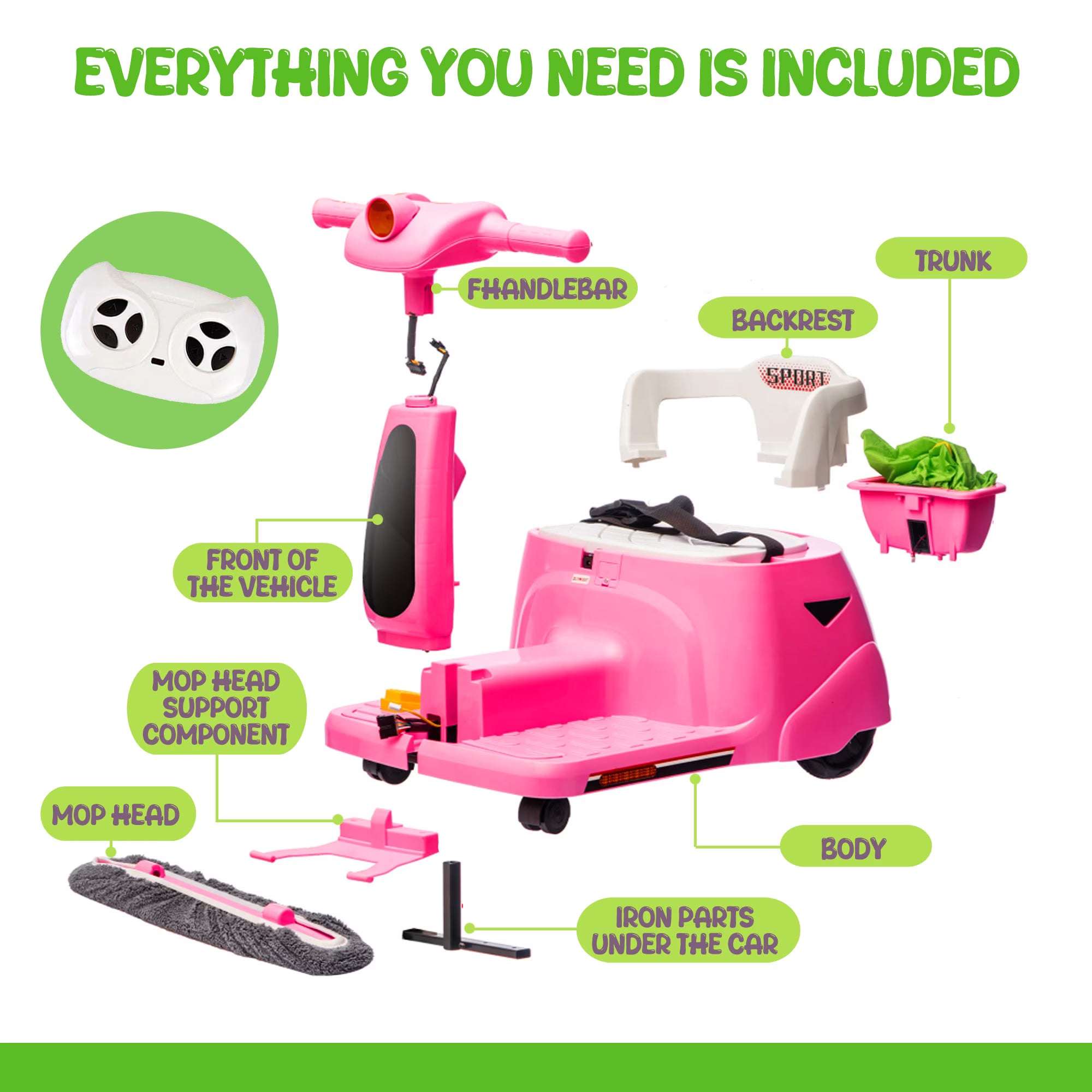 12V Power Ride On Toy with Remote Control, 360° Spin Scooter Ride On Cars for Kid with Bluetooth Music, Indoor Floor Mop & Inflatable Dinosaur, Battery Powered Ride On Cars for Toddlers Age 2-4, Pink