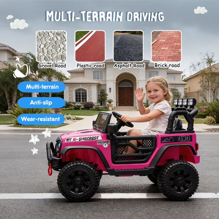 24V Kids Ride On Car W/Parents Control,2*200w Power motors,Four Wheel Suspension,Adjustable speed,USB,MP3,Music,Bluetooth,Large display screen,Power Display,Safety Belt for Kids Aged 3+.