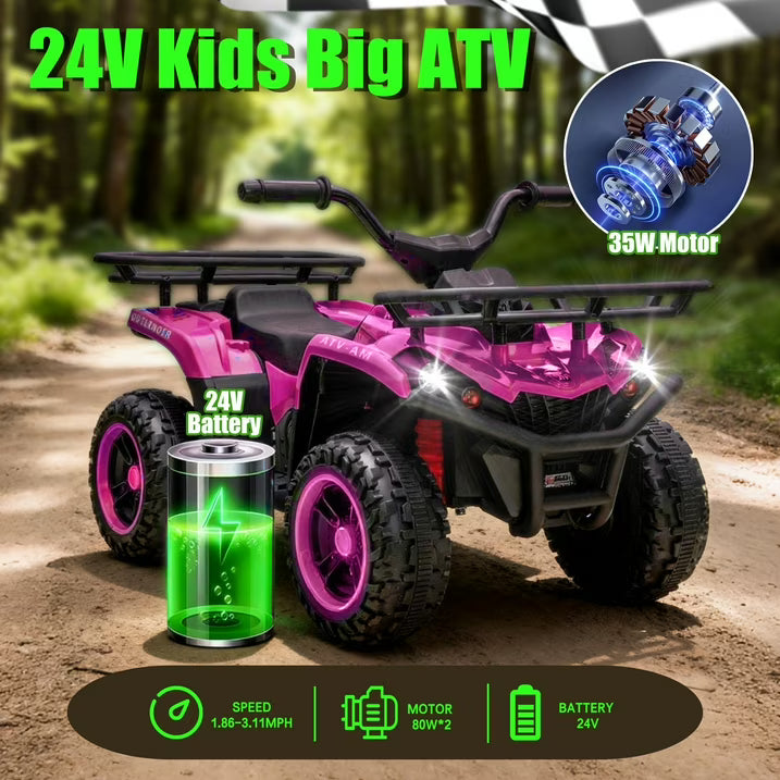 24V Power Kids Ride On Car with 160W Motors, Electric Toy with Front & Rear Storage Racks, LED Headlights, Bluetooth, Battery Display, AntiSlip Tires, Crash Bars, Ride On Toy for Kids Ages 3-5, Pink