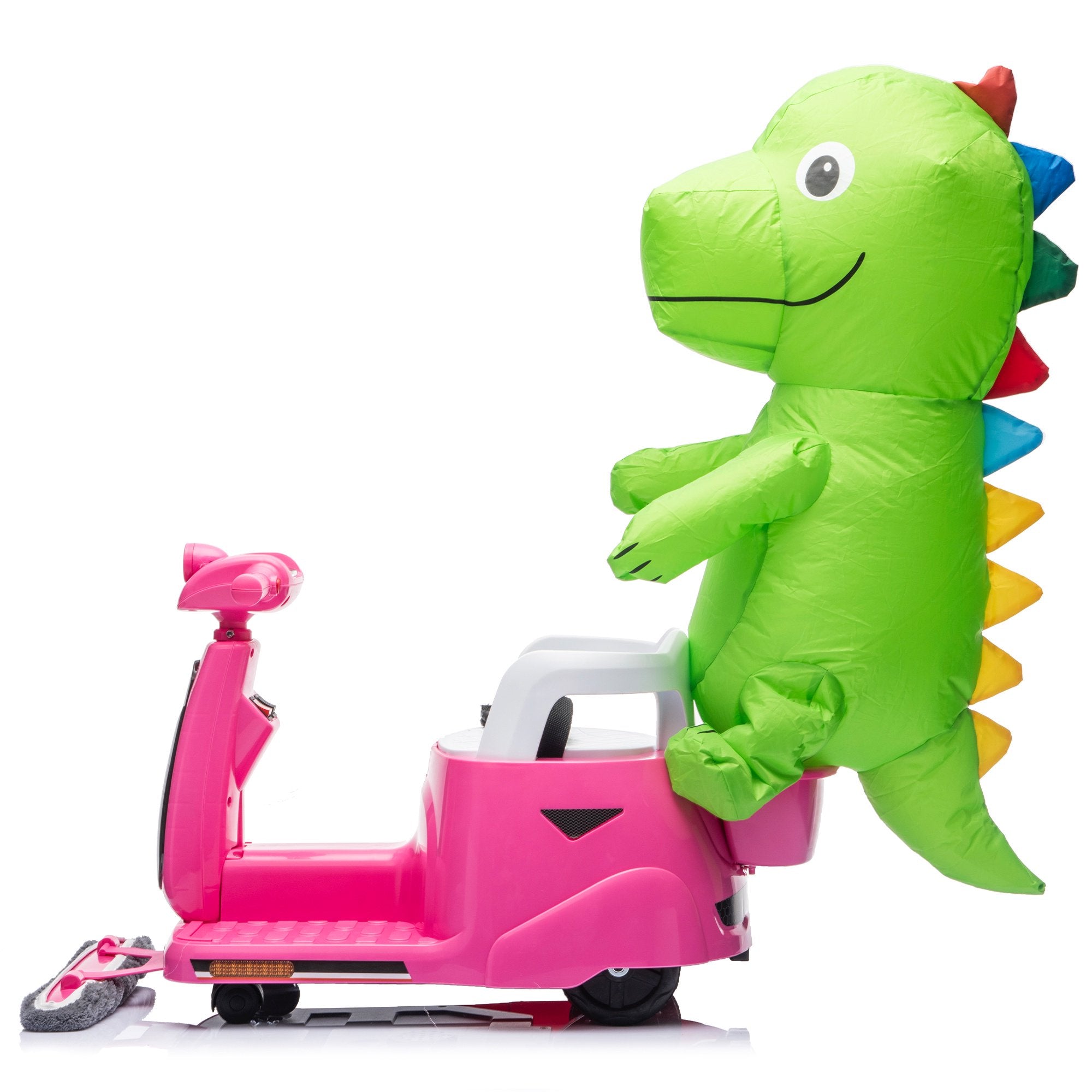 12V Power Ride On Toy with Remote Control, 360° Spin Scooter Ride On Cars for Kid with Bluetooth Music, Indoor Floor Mop & Inflatable Dinosaur, Battery Powered Ride On Cars for Toddlers Age 2-4, Pink