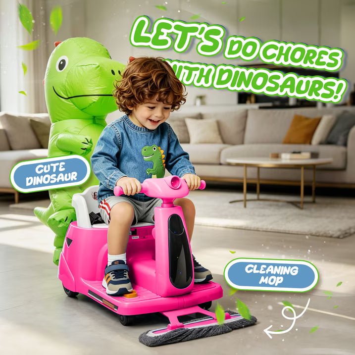 12V Power Ride On Toy with Remote Control, 360° Spin Scooter Ride On Cars for Kid with Bluetooth Music, Indoor Floor Mop & Inflatable Dinosaur, Battery Powered Ride On Cars for Toddlers Age 2-4, Pink
