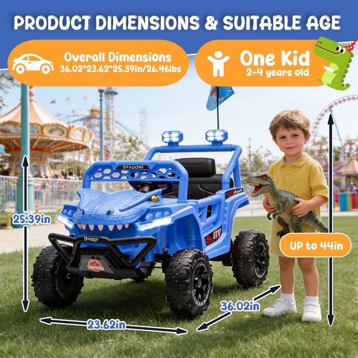 12V Powered Ride on Cars for Kids, Dinosaur Electric Ride on Toys with Remote Control, 4 Wheels Suspension Toy Car with Bluetooth, Music, LED Light, Kids Electric Cars for Boys Girls Around 3, Khaki